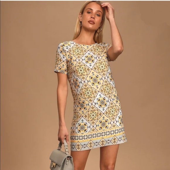 Lulus Dresses & Skirts - Lulu’s Dandy Lion Printed Yellow Mosaic Boho Shift Loose Dress
